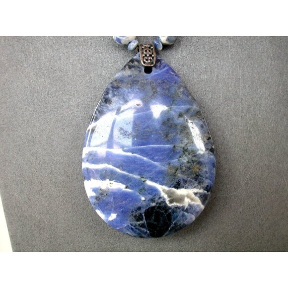 Sodalite Teardrop Pendant Necklace With Beaded Chain & Antique Silver Clasp - Picture 1 of 5
